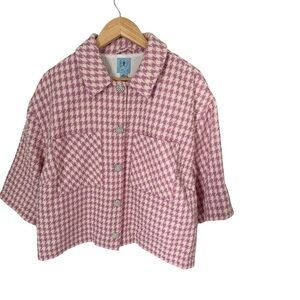 CeCe Pink Ivory Houndstooth Crystal Button Front Jacket NWT Size 1X